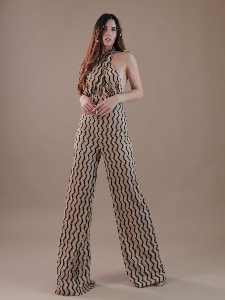 Jumpsuit beige con intreccio sul davanti TU53 NERO Bohemian V 