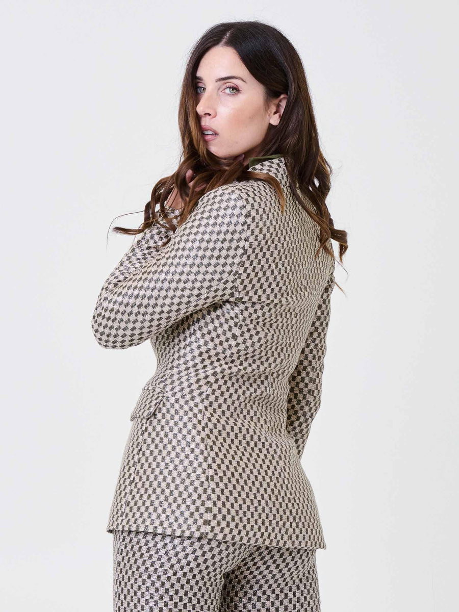 Giacca monopetto Pho Firenze rosa e verde con scacchi e filo lurex 4324069 LUXURY PHO FIRENZE 