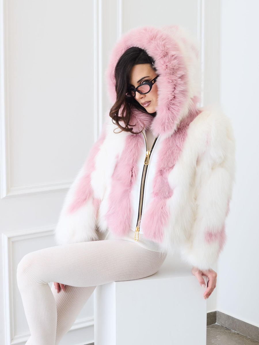 Pelliccia volpe Yes London rosa e bianca con dettagli in pelle LC2012 ROSA/BIA Yes london 