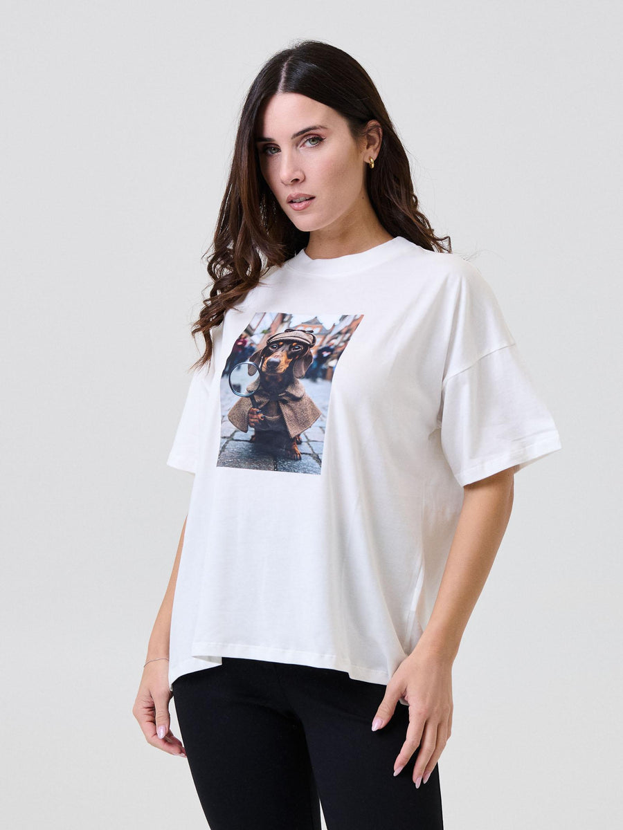 T-Shirt Vicolo bianca con stampa bassotto RF0420 UNI Vicolo 