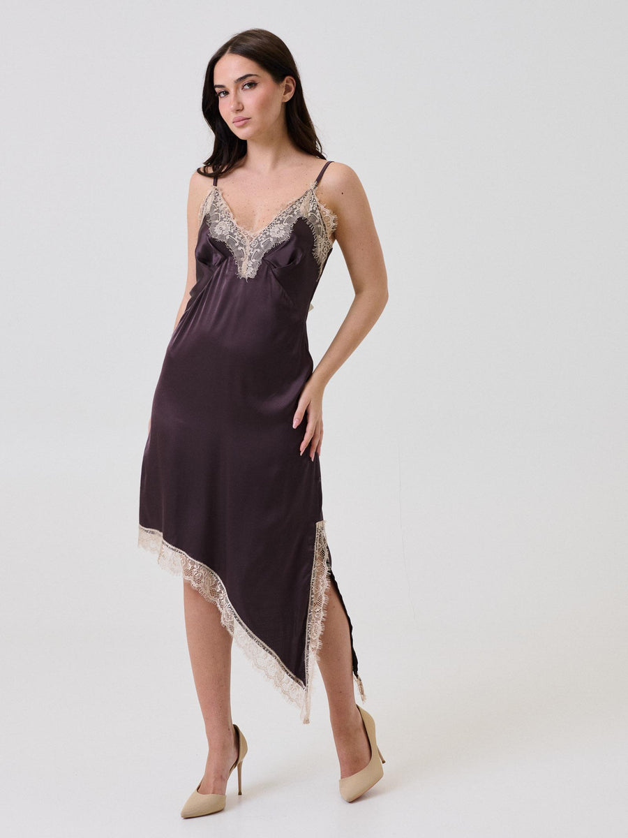 Abito in raso Vicolo vino con dettagli in pizzo beige TF1087 VINO Vicolo 