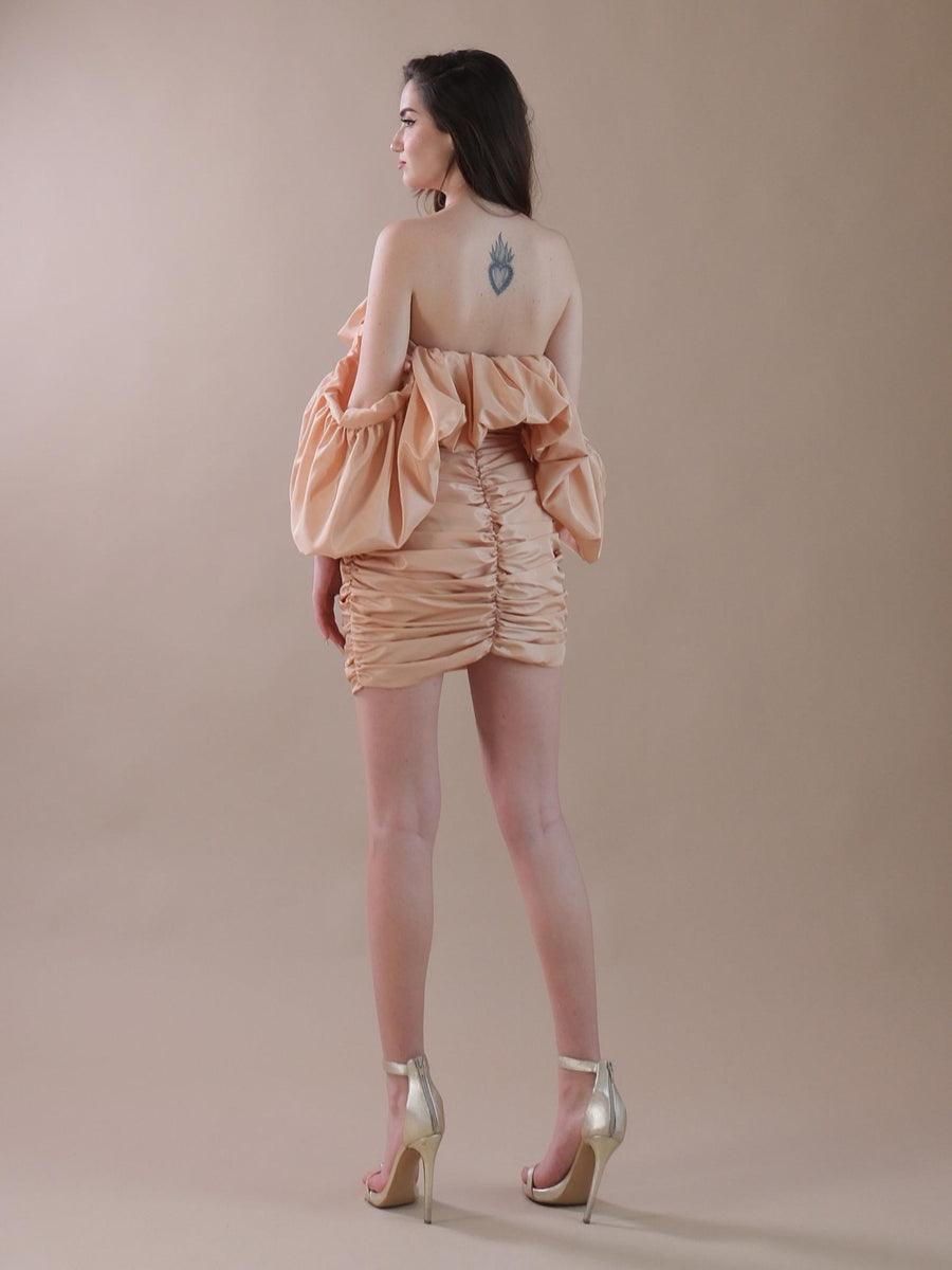 Abito oro corto drappeggiato con coda removibile SD40266 GOLD Silence Limited 