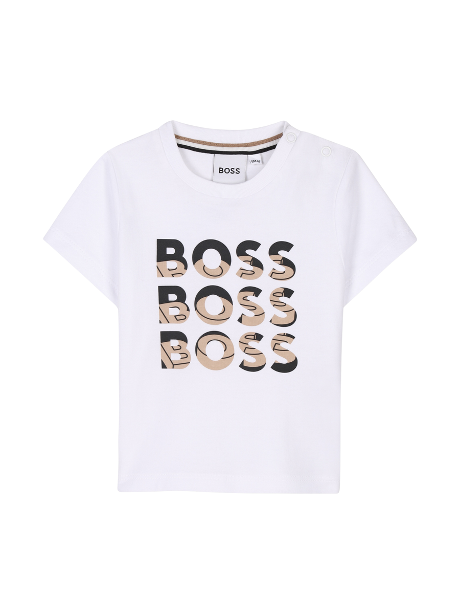 T-Shirt Boss bianca con tre stampe di testo BOSS con dettagli grafici J52113 10P Boss 