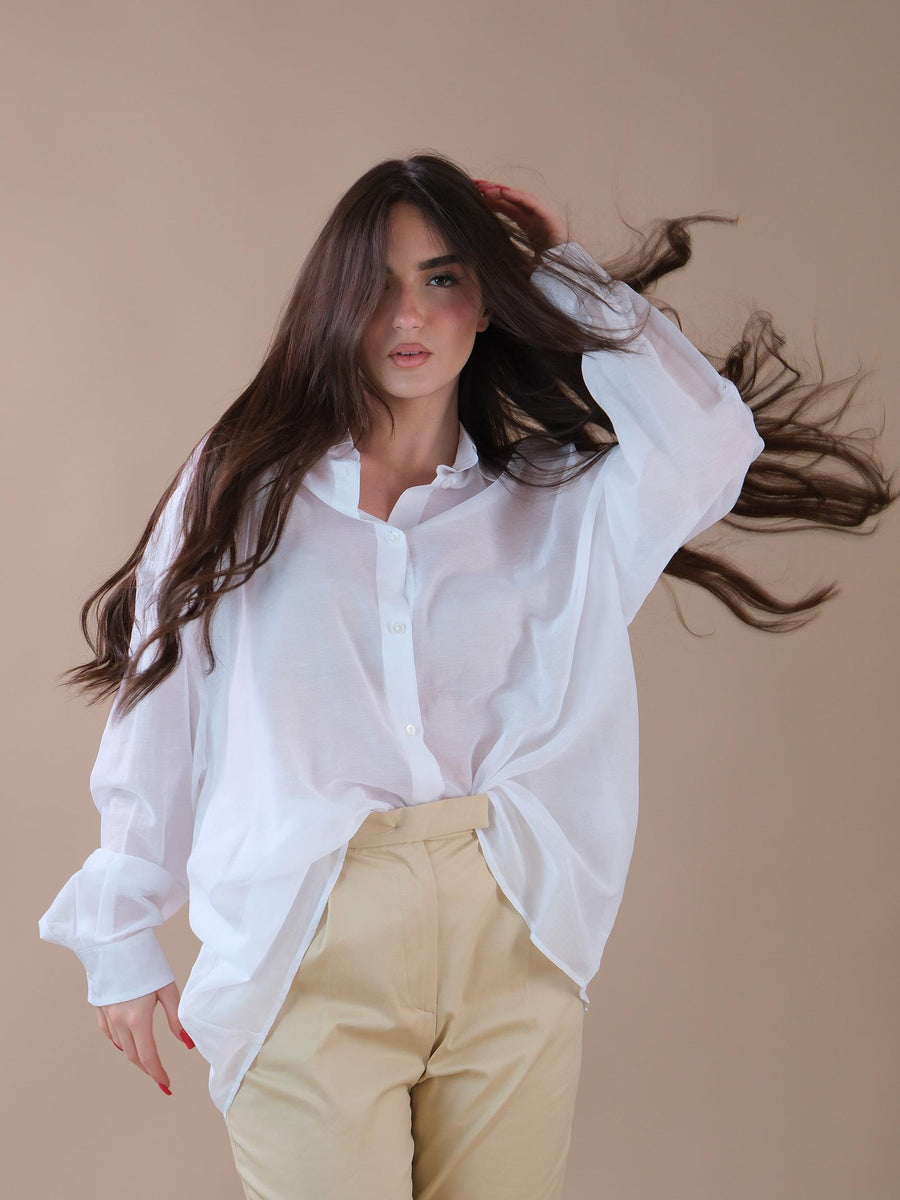 Camicia over bianca velata in misto cotone e seta CA59B BIANCO Bohemian V 