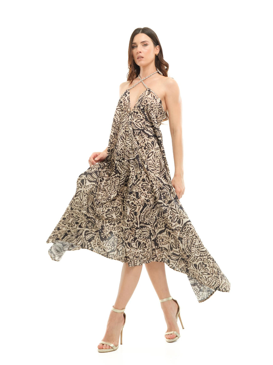 Abito lungo Dixie nero con fantasia etnica beige e paillettes AINGWUG NE Dixie 