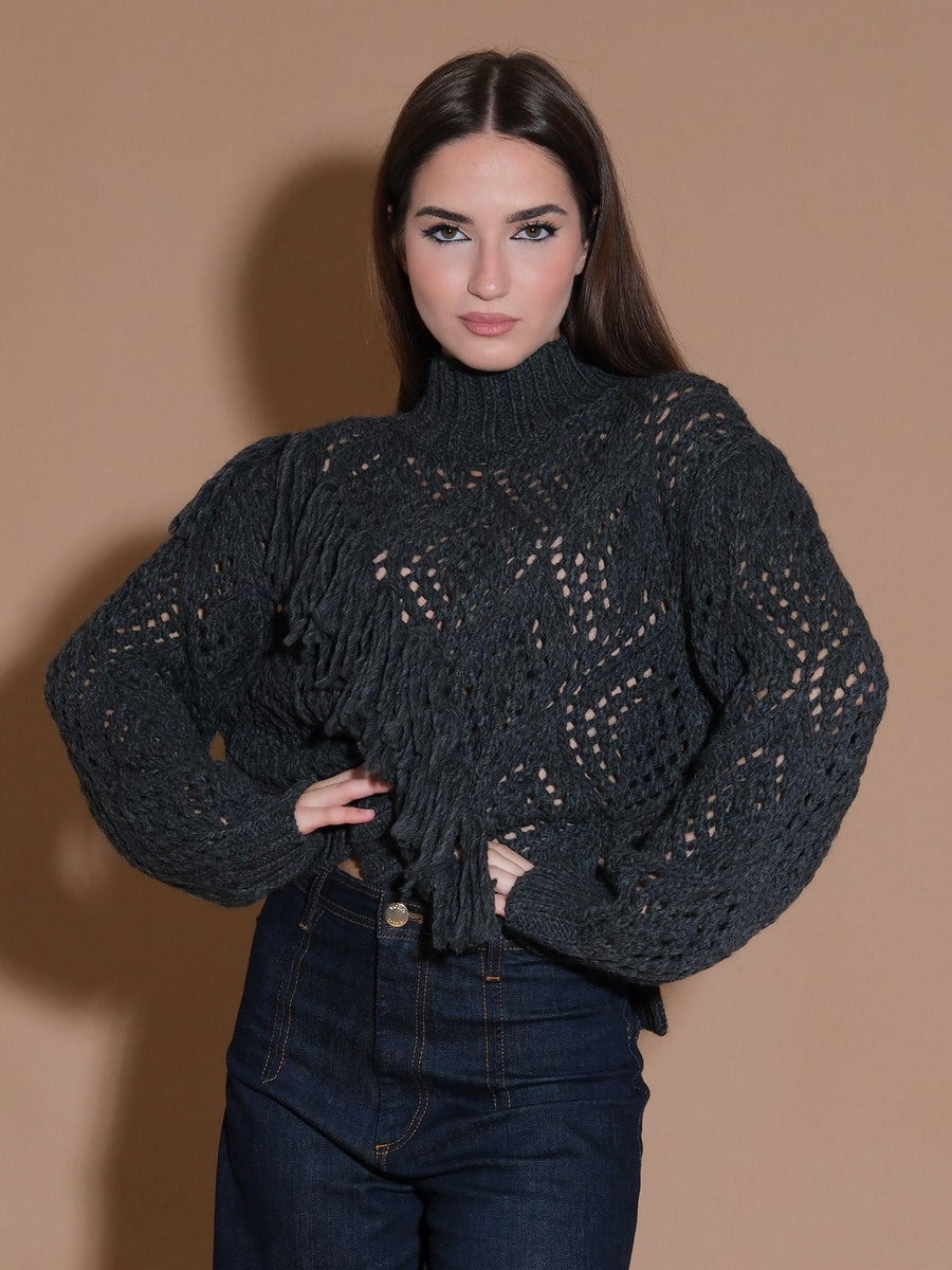 Maglione antracite forato con nappe trasversali D77524 ANTRA Bohemian V 