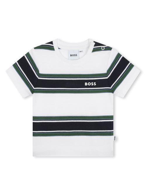 T-shirt bianca righe in contrasto verde/nero J50605 N56 Boss 