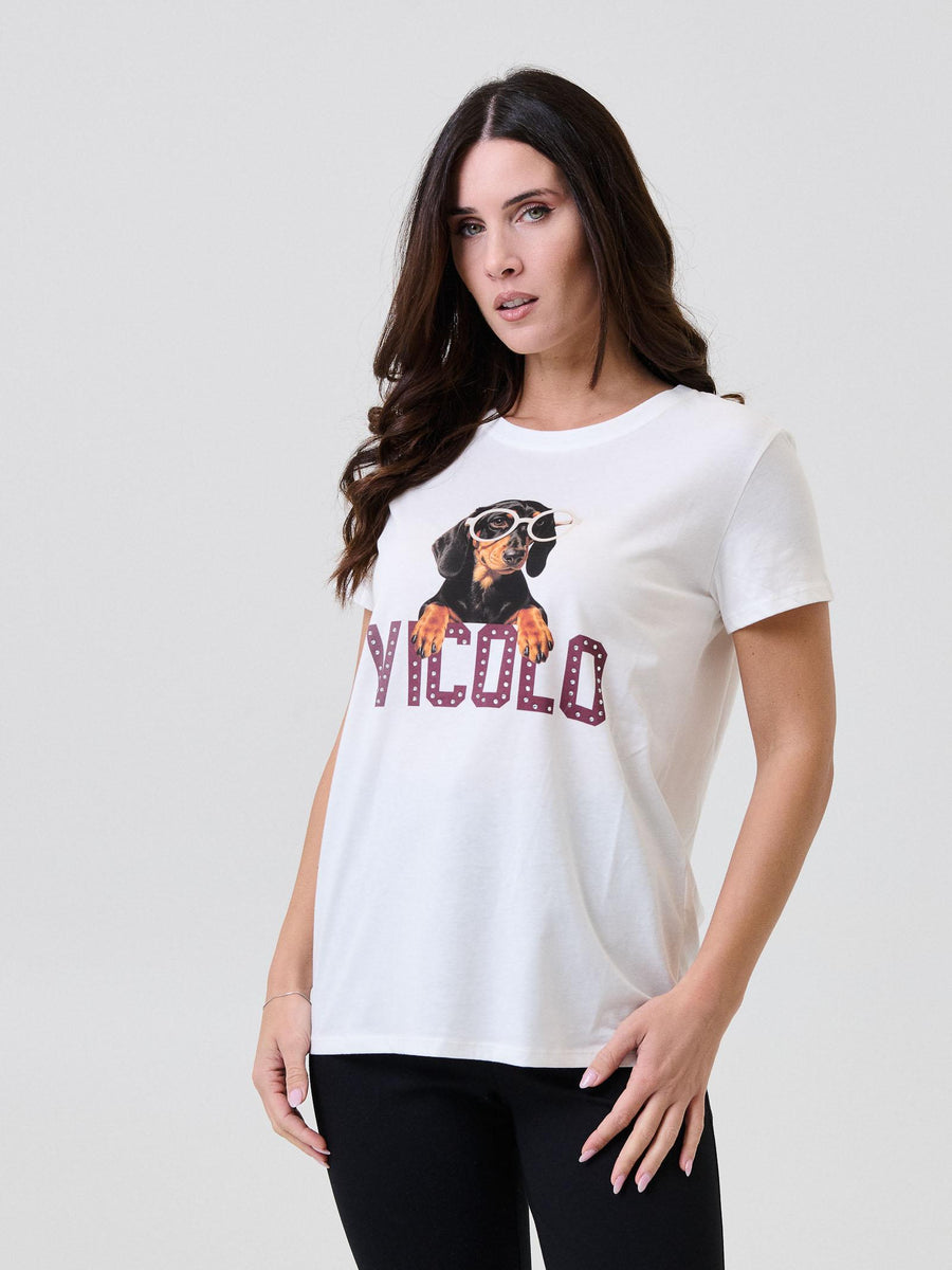 T-Shirt Vicolo bianca con stampa bassotto e logo con strass RF0423 UNI Vicolo 