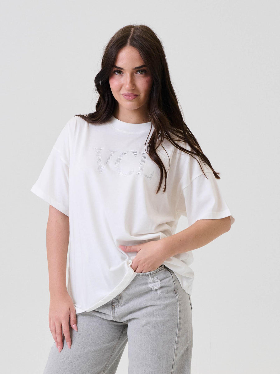 T-Shirt Vicolo bianca con logo "VCL" in strass RF0085 BIA Vicolo 