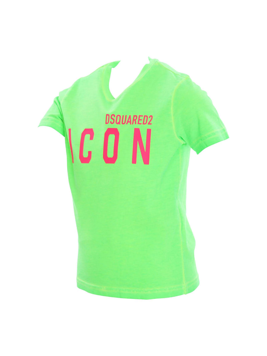 T-shirt verde fluo con applicazione logo Icon fucsia DQ2416 DQ584 Dsquared 