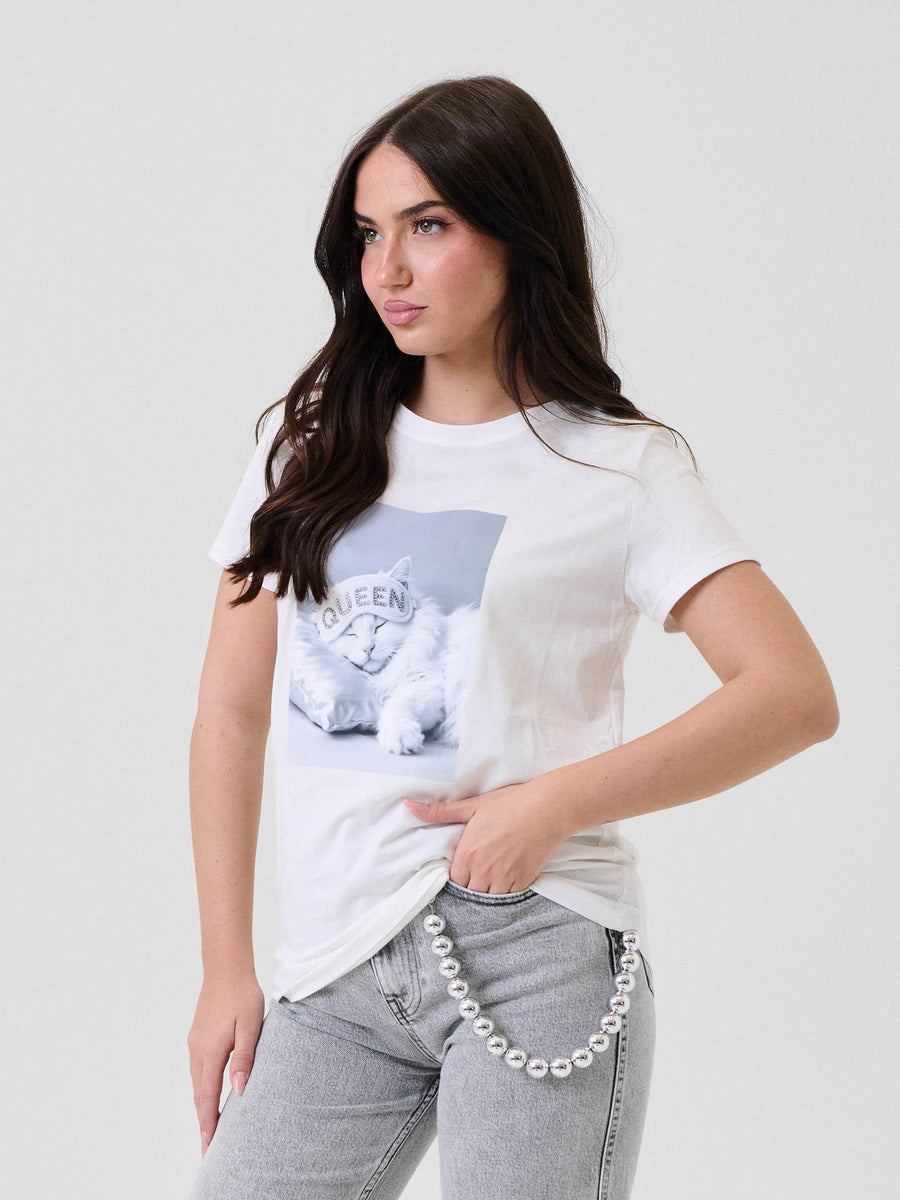 T-Shirt Vicolo bianca con stampa gattino con maschera notte "queen" RF0283 BIA Vicolo 