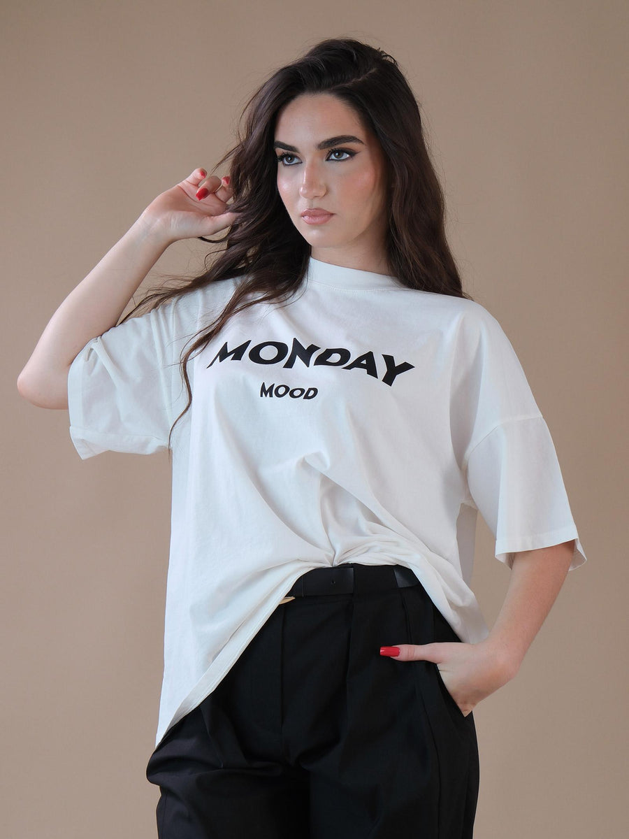 T-shirt bianca con scritta nera "Monday mood" RB0776 BIA Vicolo 