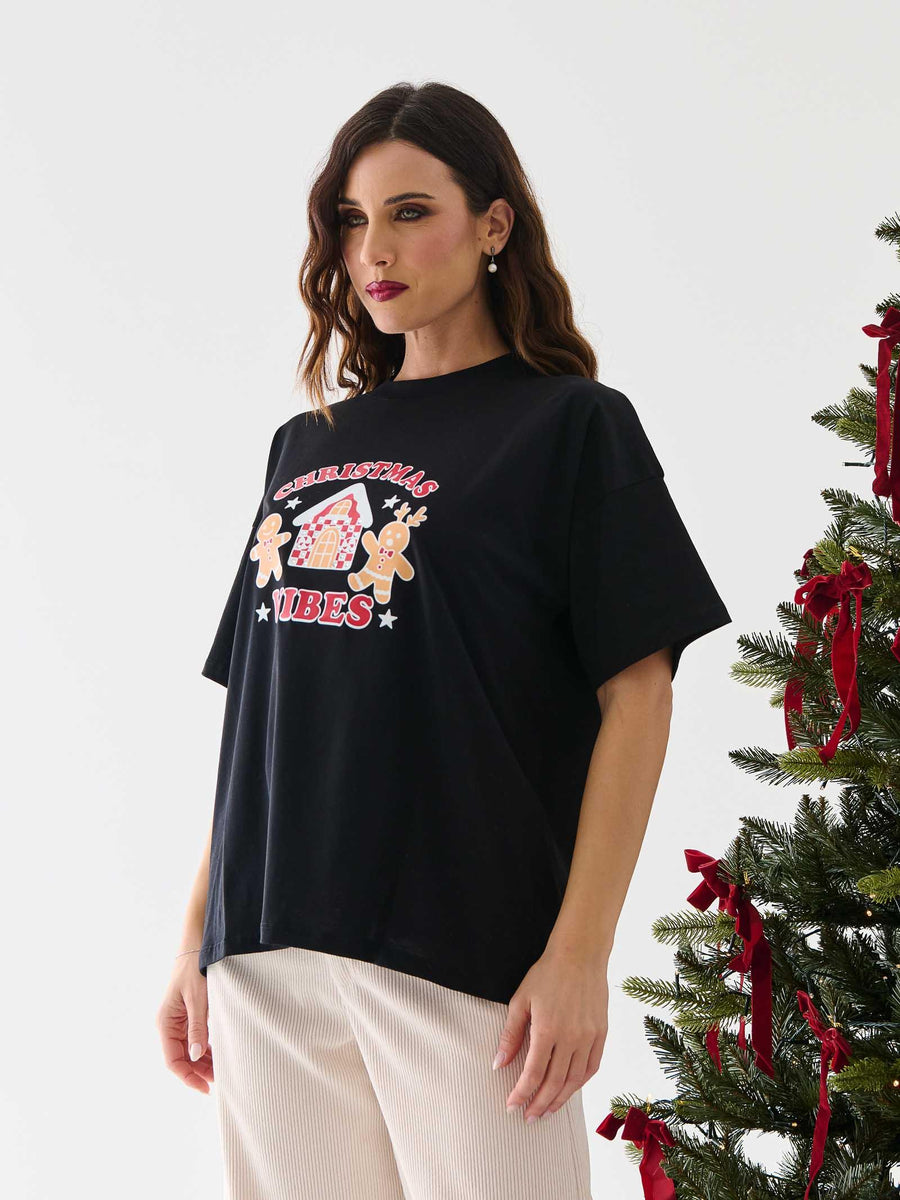 T-Shirt over Vicolo nera con stampa natalizia e strass RF0619 NERO Vicolo 