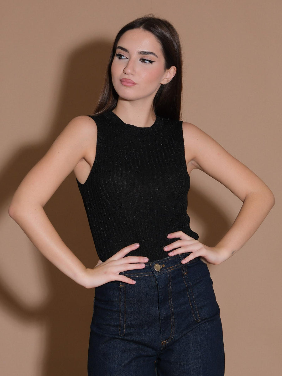 Canotta nera in maglia a costine con lurex D79306 NERO Silence Limited 