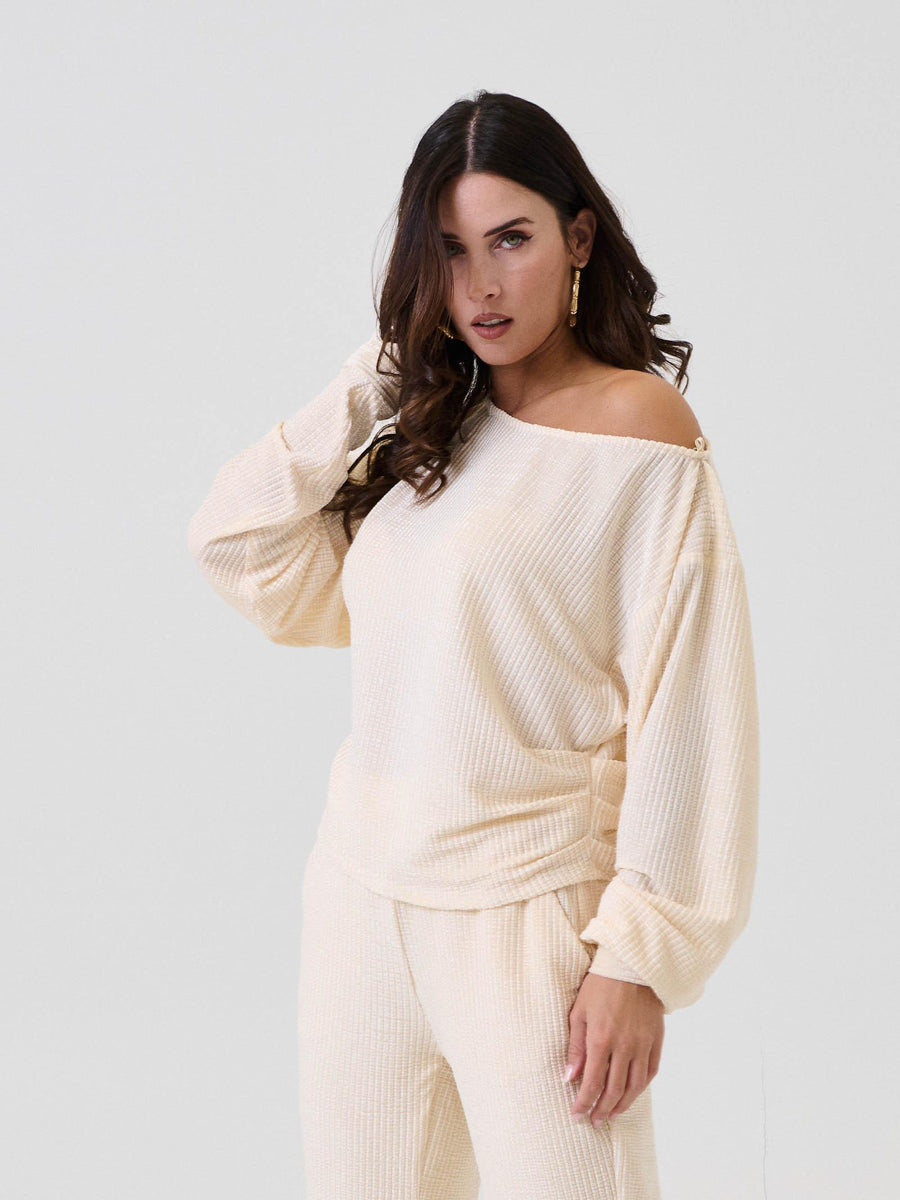 Maglia Bohemian Vì bianco latte effetto waffle BHMA007 MILK Bohemian V 