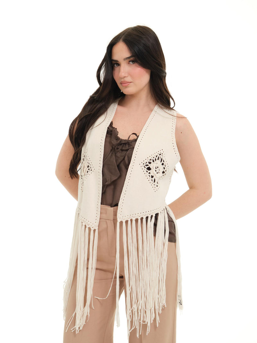 Gilet boho Haveone panna scamosciato con frange LAON029 PANNA Haveone 