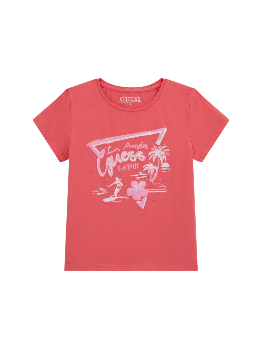 T-Shirt Guess rosa corallo con stampa tropicale "Los Angeles" J5GI30K6YW4 G5O5 Guess 