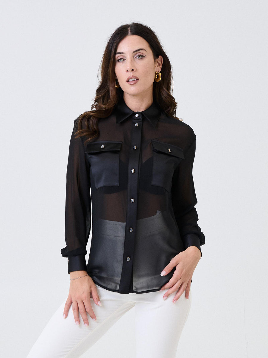 Camicia semi trasparente Silence Limited nera con dettagli gioiello CA7015 BLACK Silence Limited 