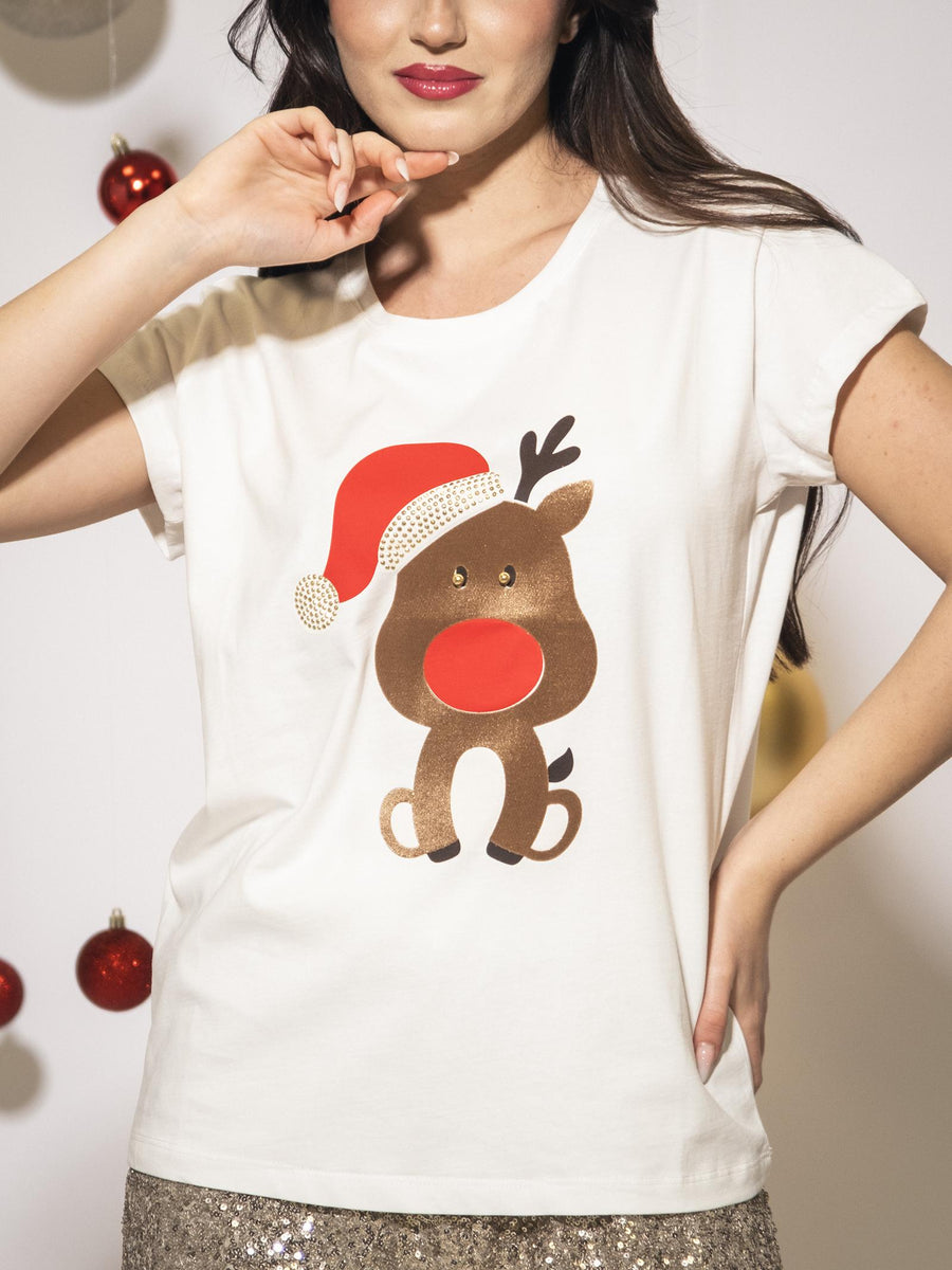 T-Shirt Vicolo bianca con renna natalizia RS0486 UNI Vicolo 