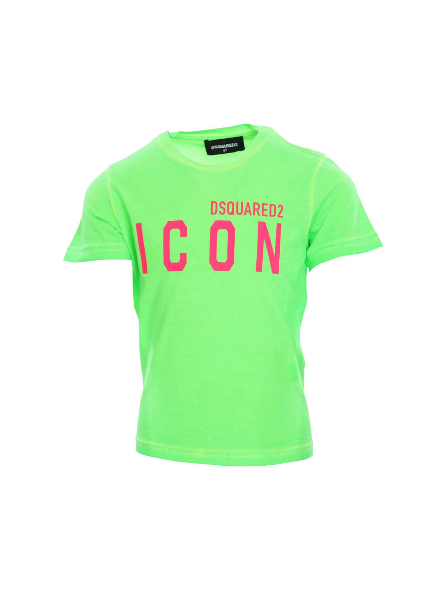 T-shirt verde fluo con applicazione logo Icon fucsia DQ2416 DQ584 Dsquared 