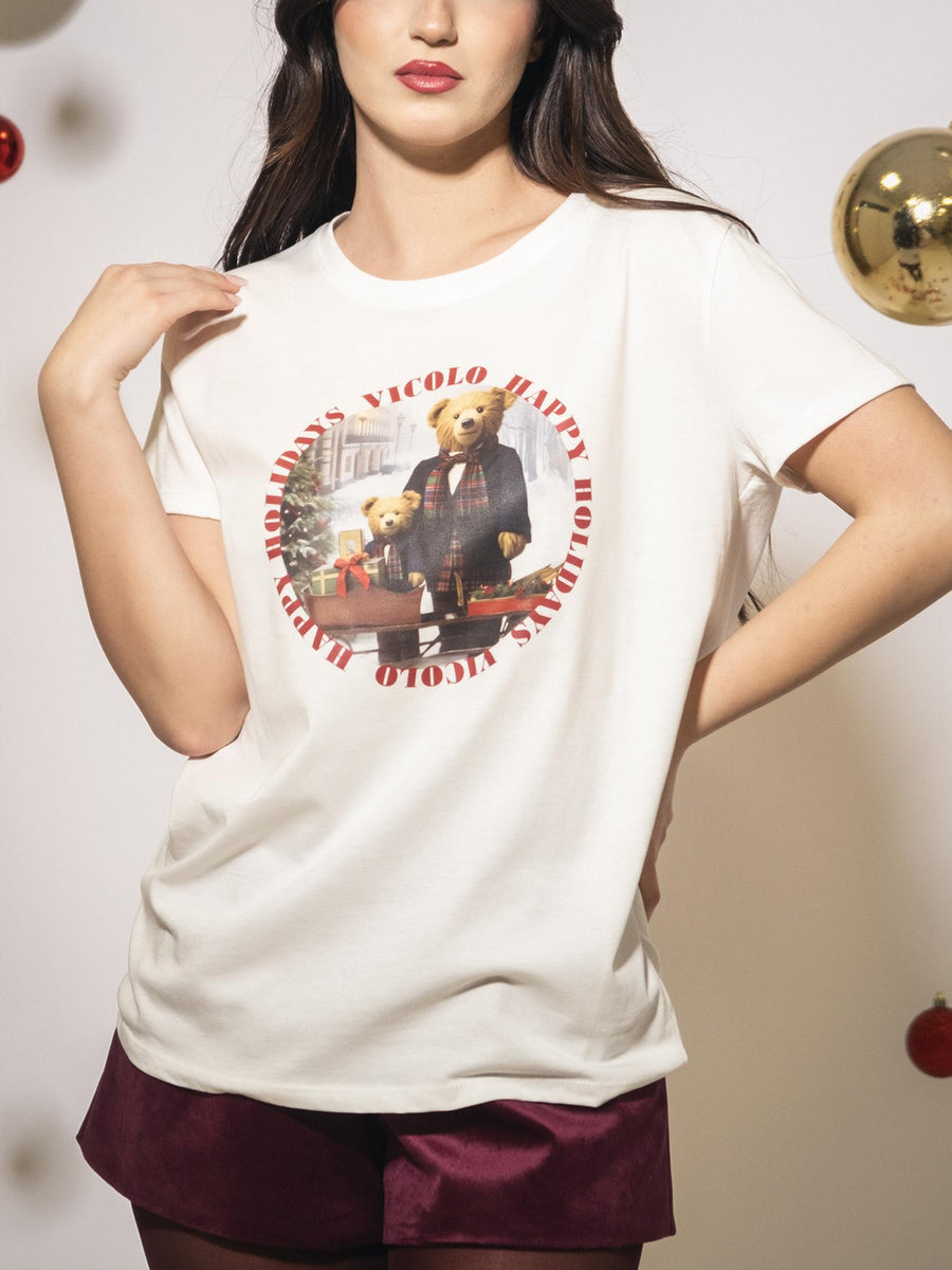 T-Shirt Vicolo bianca con stampa natalizia "Happy Holidays" RS0460 UNI Vicolo 