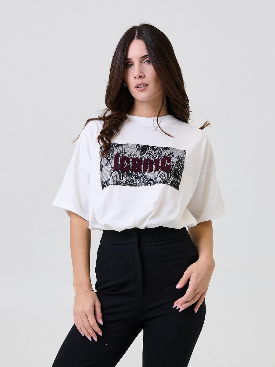 T-Shirt over Vicolo bianca con inserto in pizzo e velluto RF0348 UNI Vicolo 