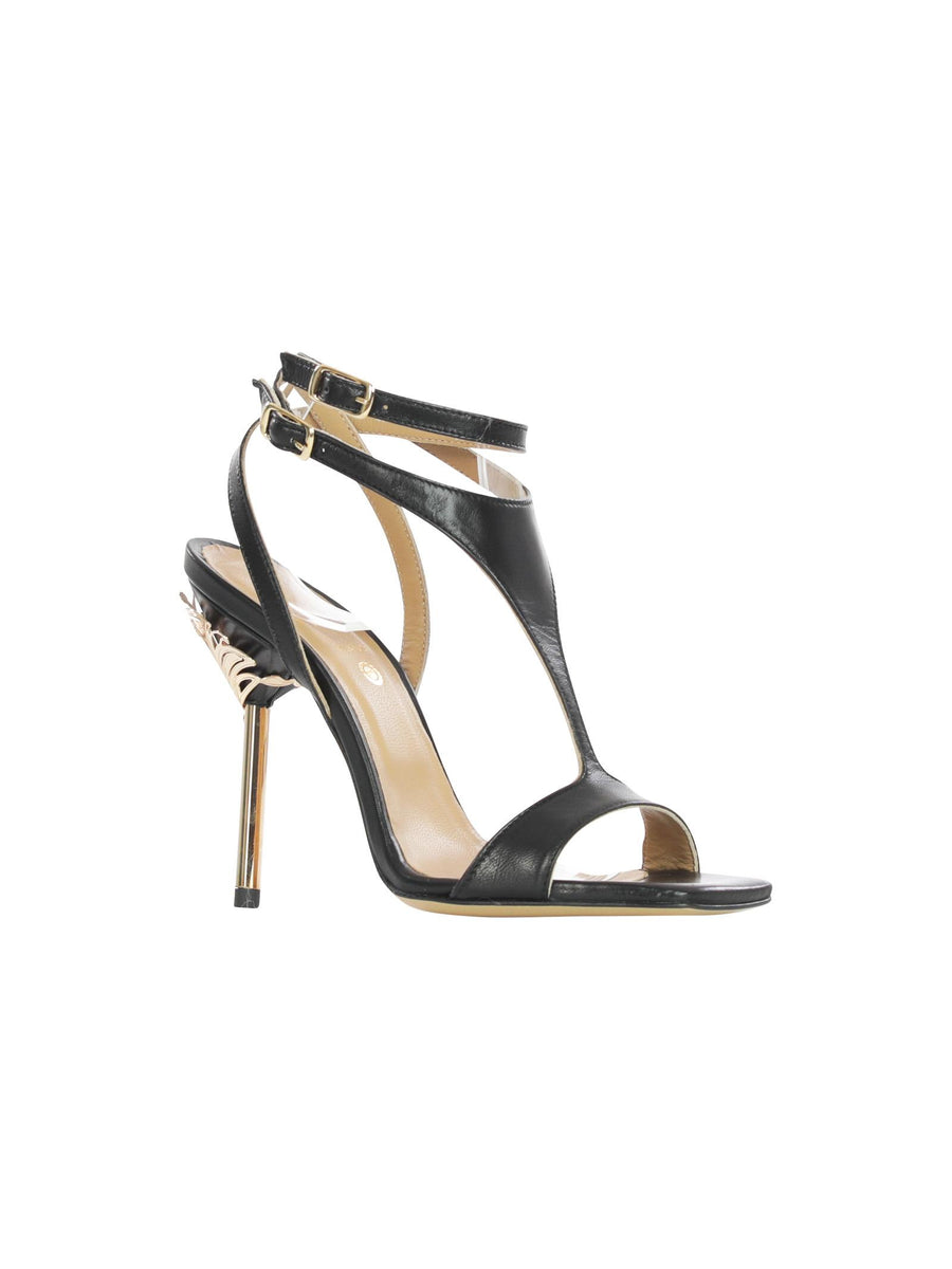 Sandali neri con tacco con decoro floreale oro 553 NERO WO Milano 