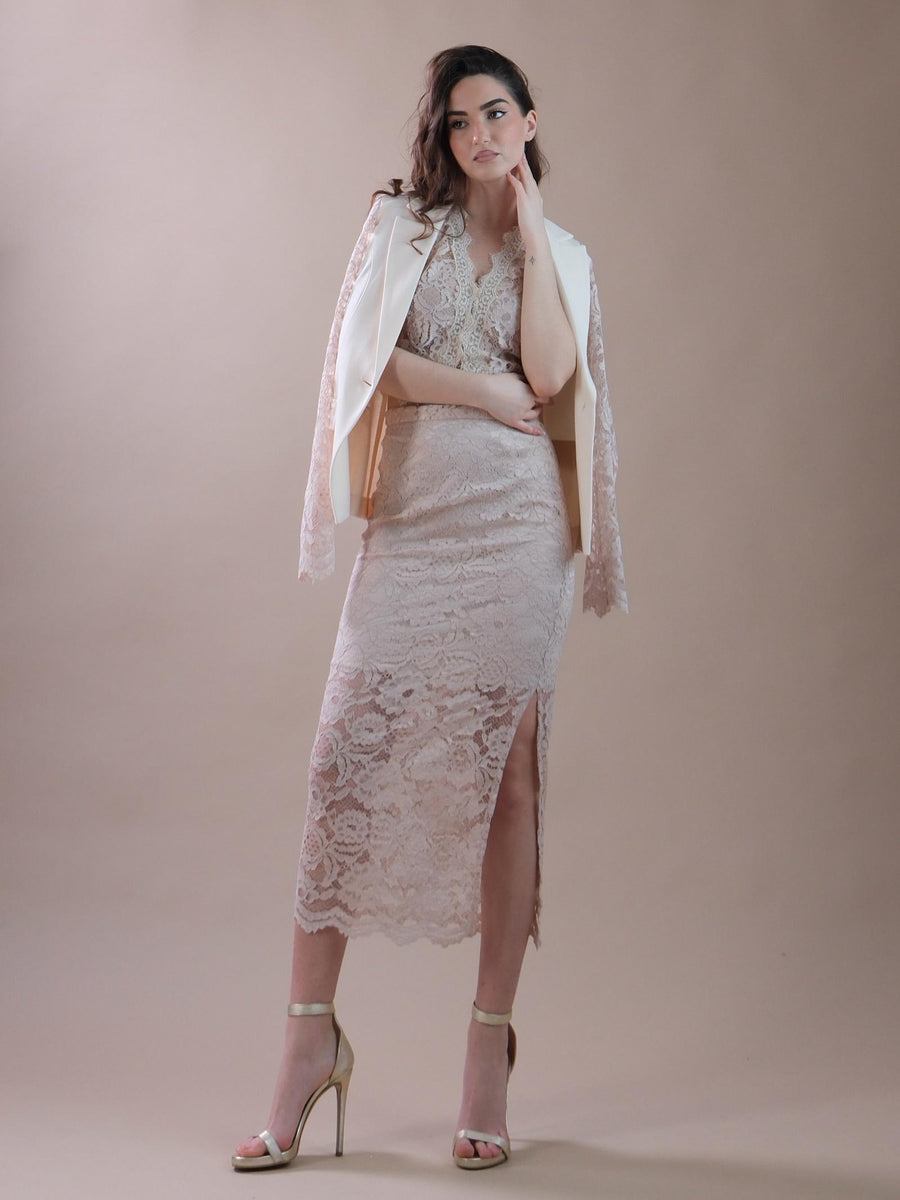 Gilet beige traforato in pizzo con orlo ondulato R9990021R BEI Imperial 