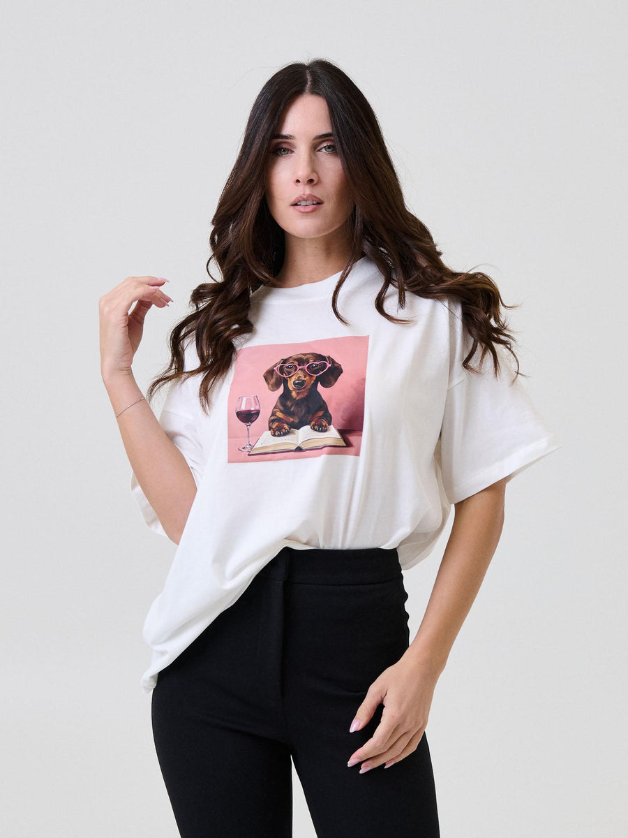 T-Shirt Vicolo bianca con stampa bassotto con occhiali a cuore RF0415 UNI Vicolo 