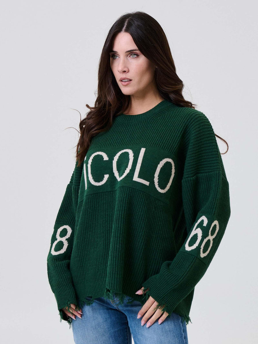 Maglione Vicolo verde con ricamo logo e bordi sfrangiati 77117F VERDE Vicolo 