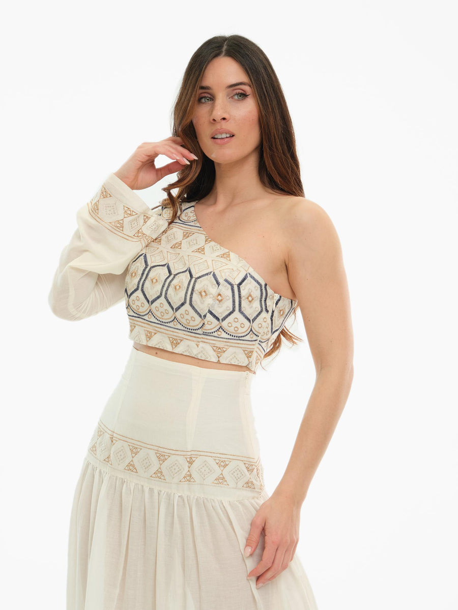 Top monospalla Bhoemian Vì panna con ricami a contrasto CA152 UNI Bohemian V 