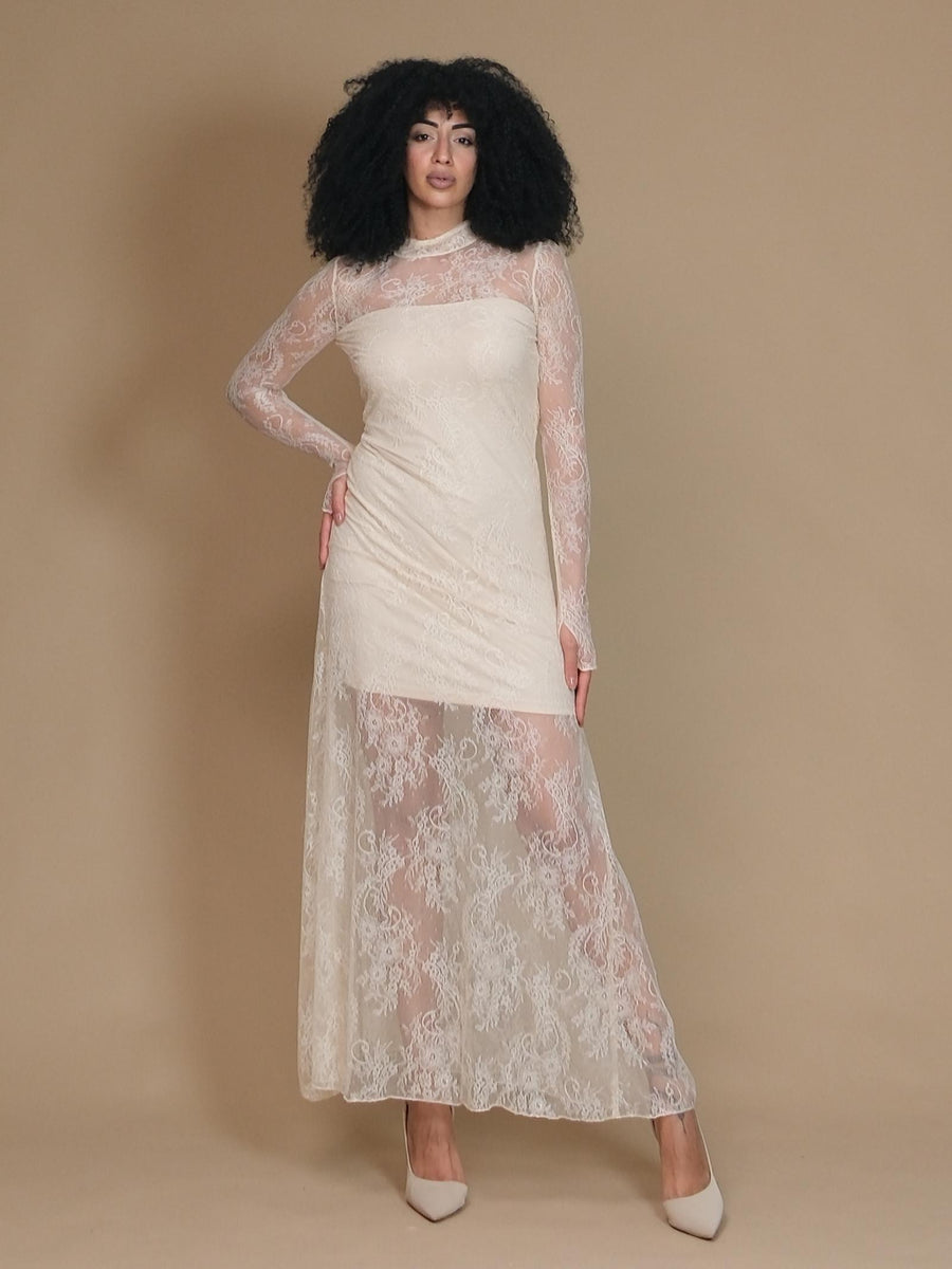 Abito lungo Vicolo crema in pizzo con scollo posteriore ovale TS1128 CREMA Vicolo 