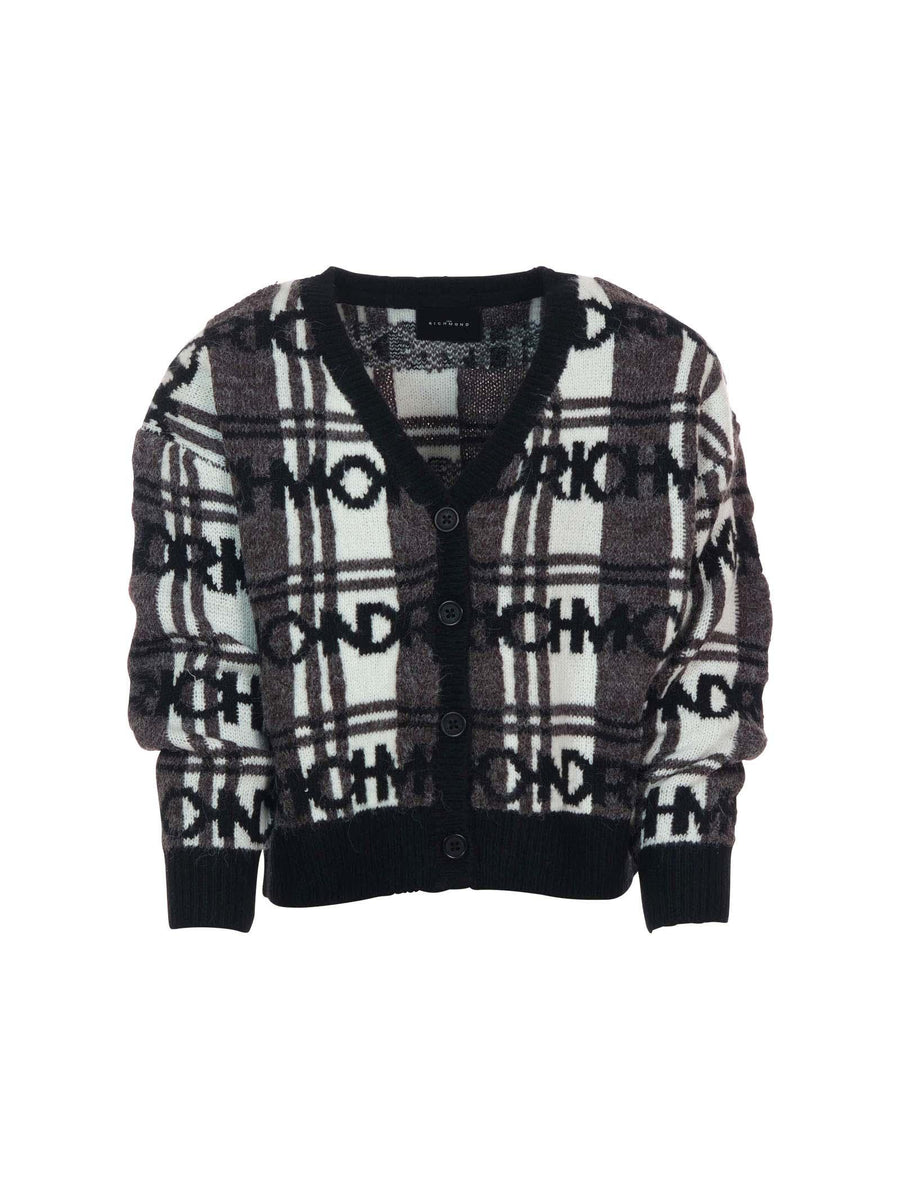 Cardigan John Richmond nero con dettagli a quadri e logo ripetuto RGA25061CD MONOGRAM John Richmond 