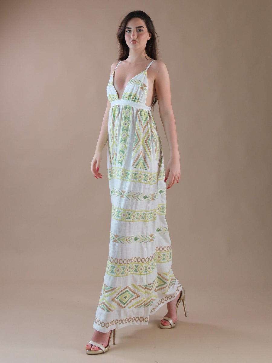 Abito lungo bianco a fantasia etnica AB86B UNI Bohemian V 