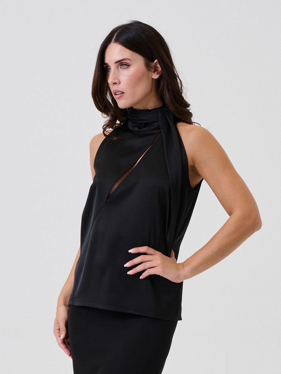 Top Silence Limited nera con collo allo e dettaglio asimmetrico BOU852 BLACK Silence Limited 