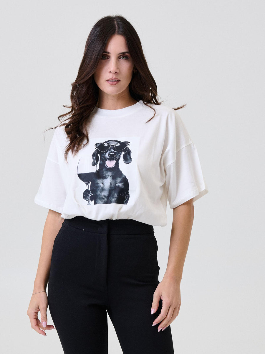 T-Shirt over Vicolo bianca con stampa cane con bicchiere di vino RF0413 UNI Vicolo 