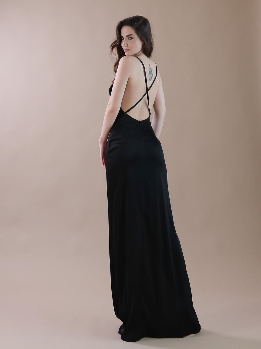 Abito lungo in raso nero con bottoni gioiello AB4039 BLACK Silence Limited 