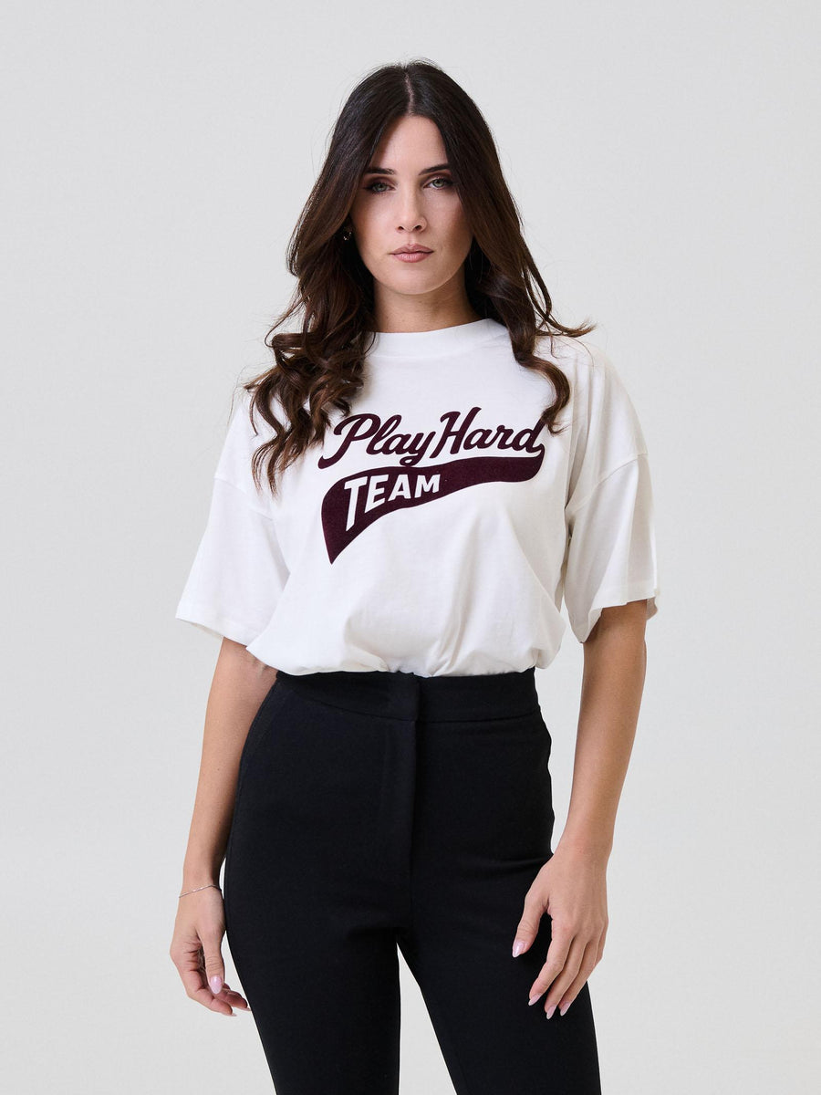 T-Shirt over Vicolo bianca con stampa "Play Hard" in velluto RF0358 BIANCO Vicolo 