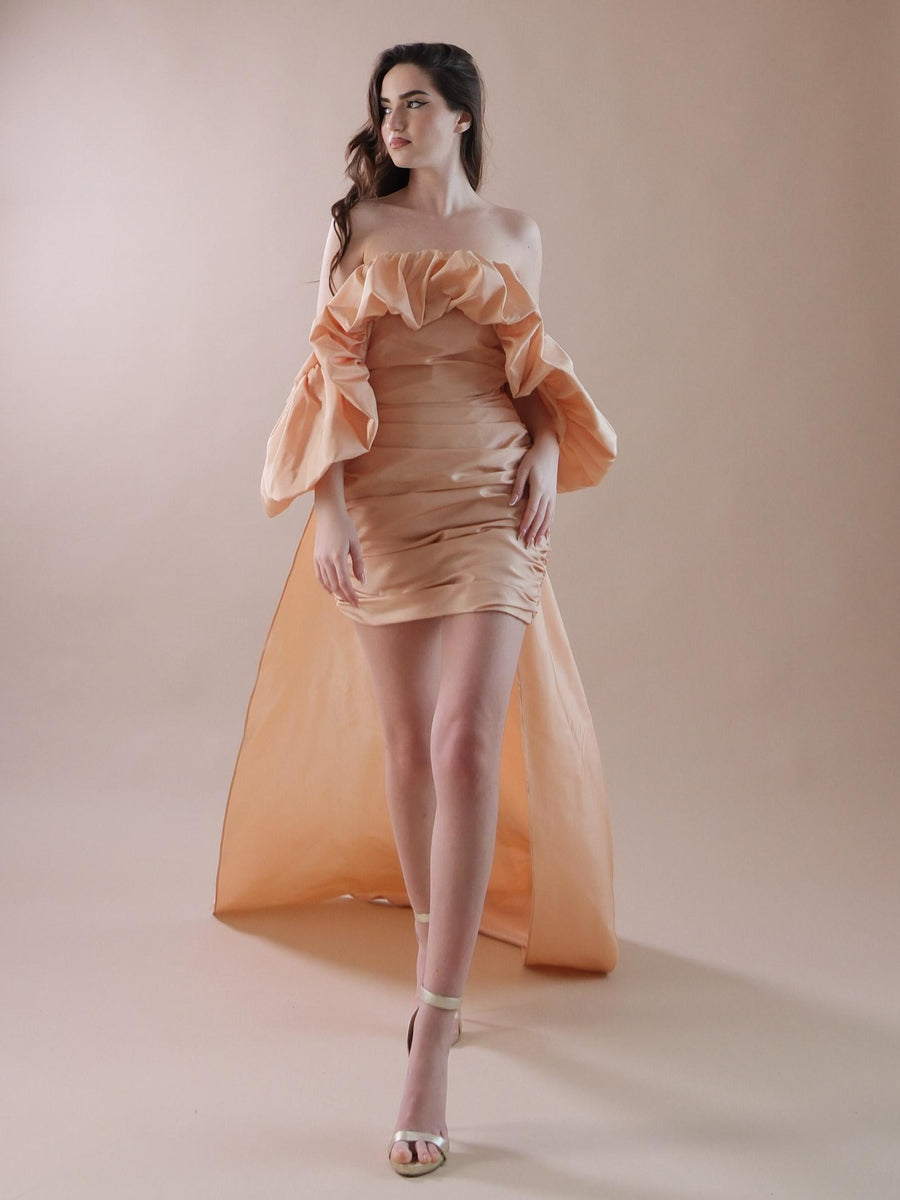 Abito oro corto drappeggiato con coda removibile SD40266 GOLD Silence Limited 