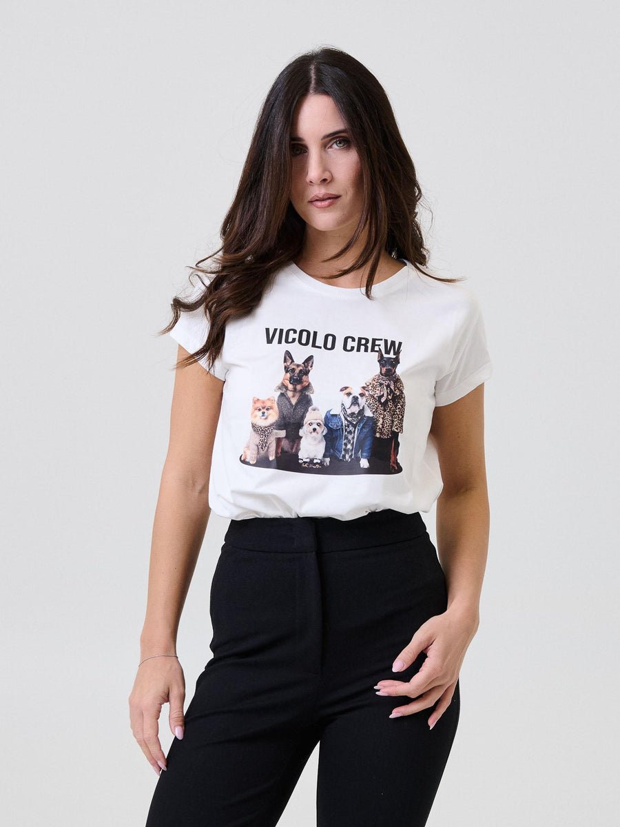 T-Shirt Vicolo bianca con stampa "Vicolo crew" con cani RF0445 UNI Vicolo 