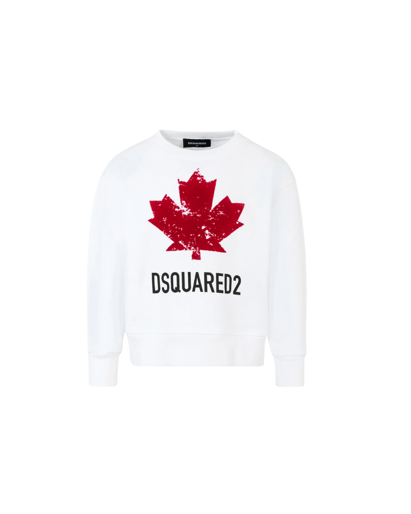 Felpa Dsquared bianca con foglia d'acero e logo lettering DQ3005 DQ100 Dsquared 