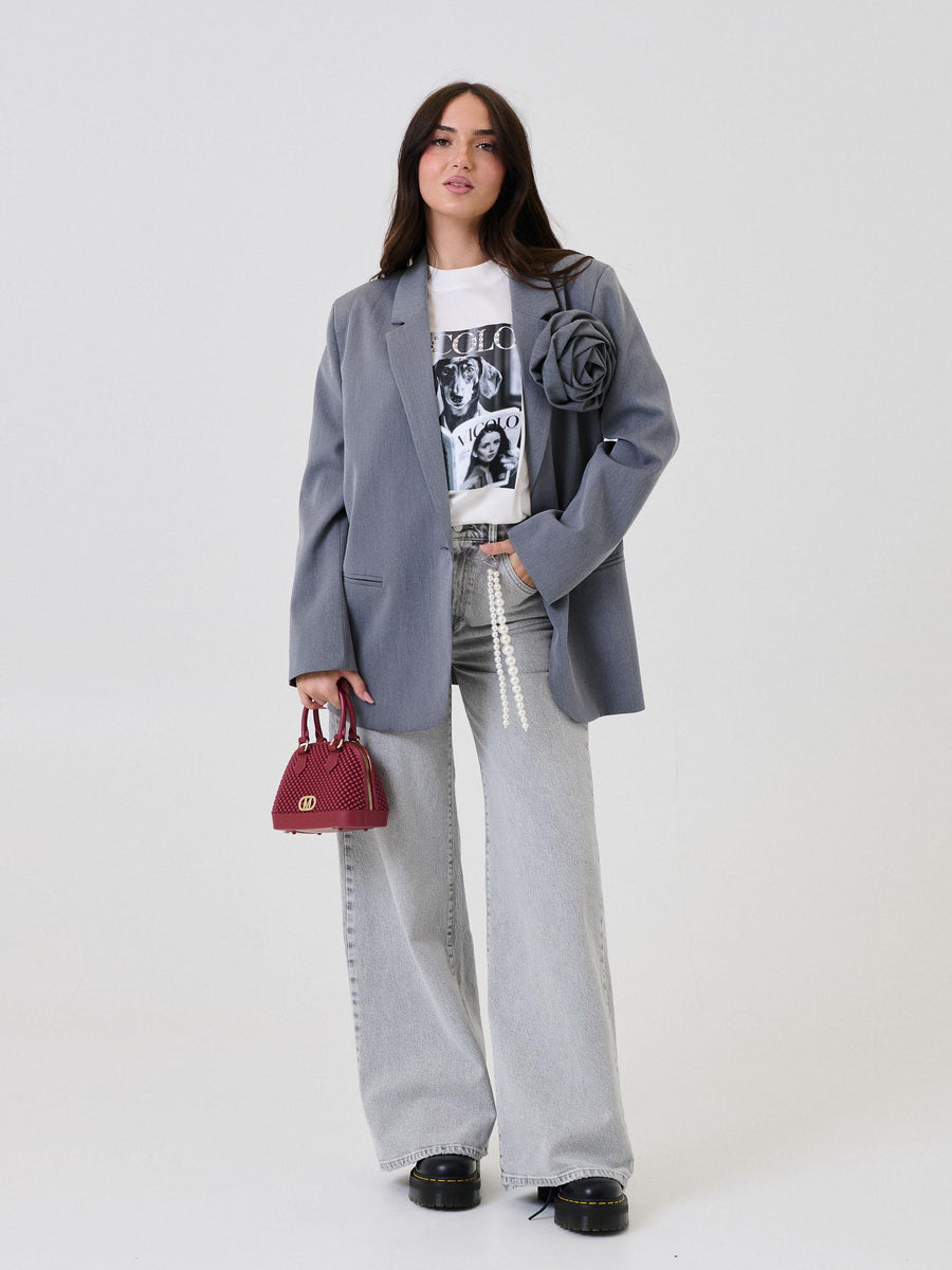 T-Shirt Vicolo bianca con stampa logo con cane e perline dorate RF0246 BIA Vicolo 