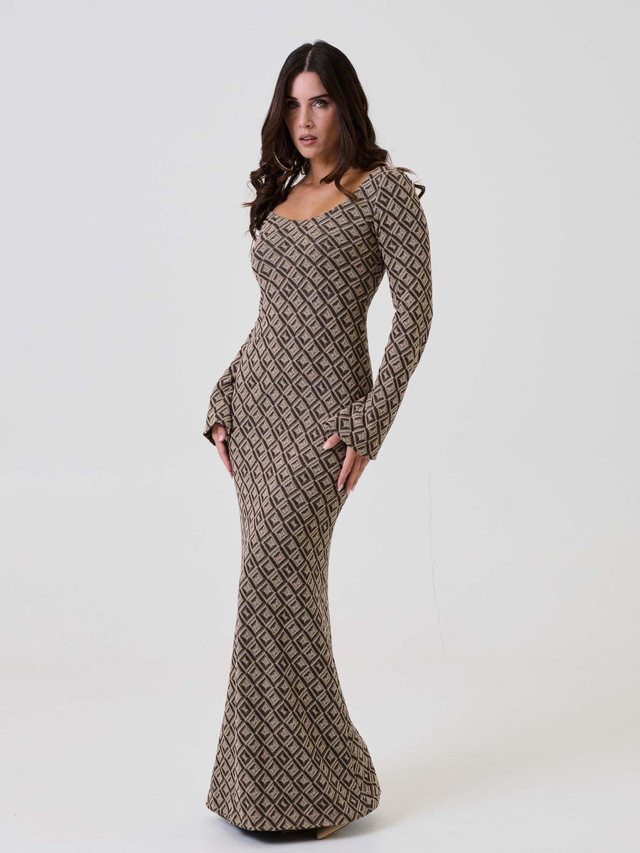 Abito lungo Bohemian Vì marrone con fantasia geometrica e scollo ampio BHAB001 UNI Bohemian V 