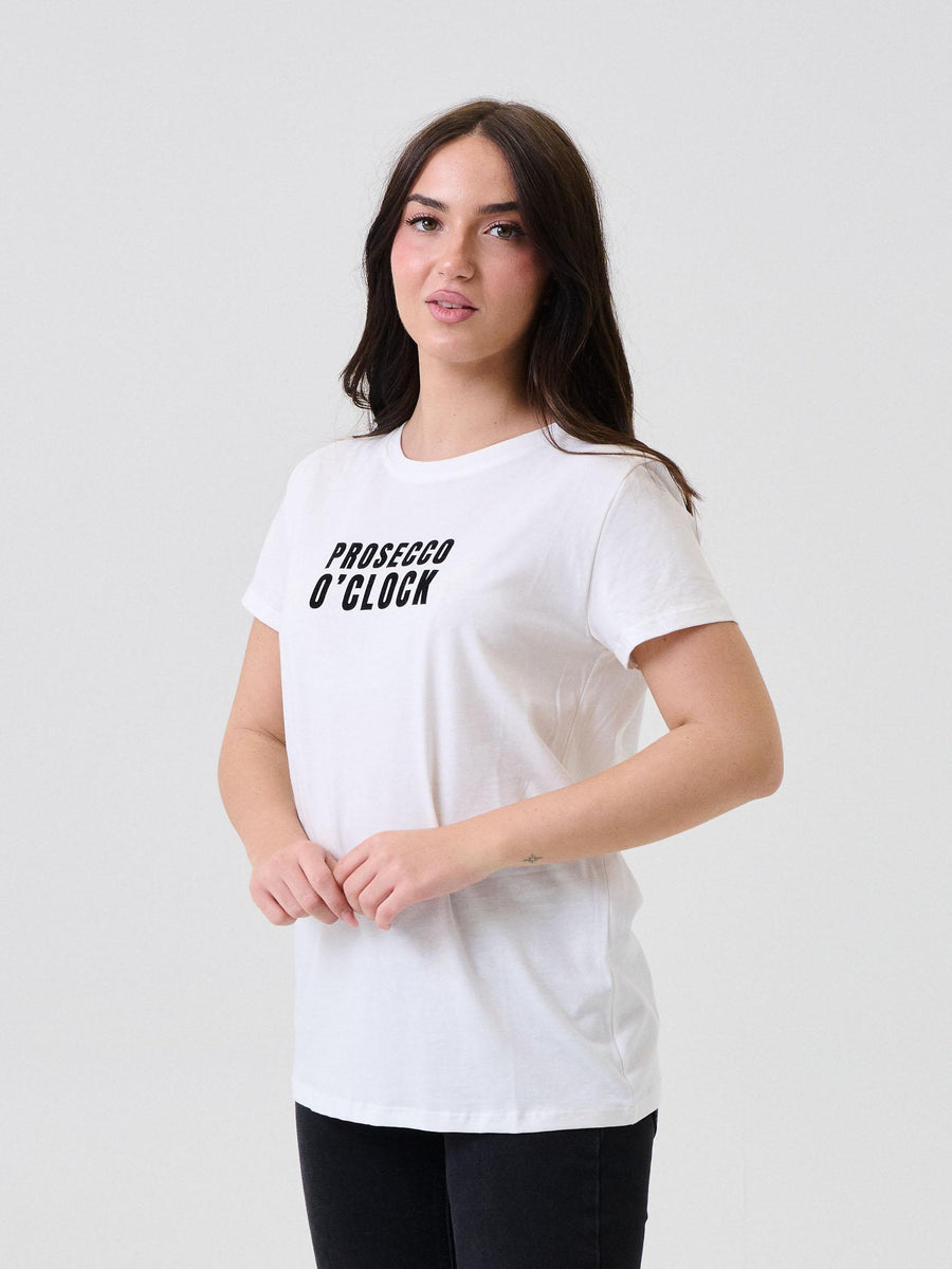 T-Shirt Vicolo bianca con stampa "Prosecco o' clock" in velluto RF0253 BIA Vicolo 