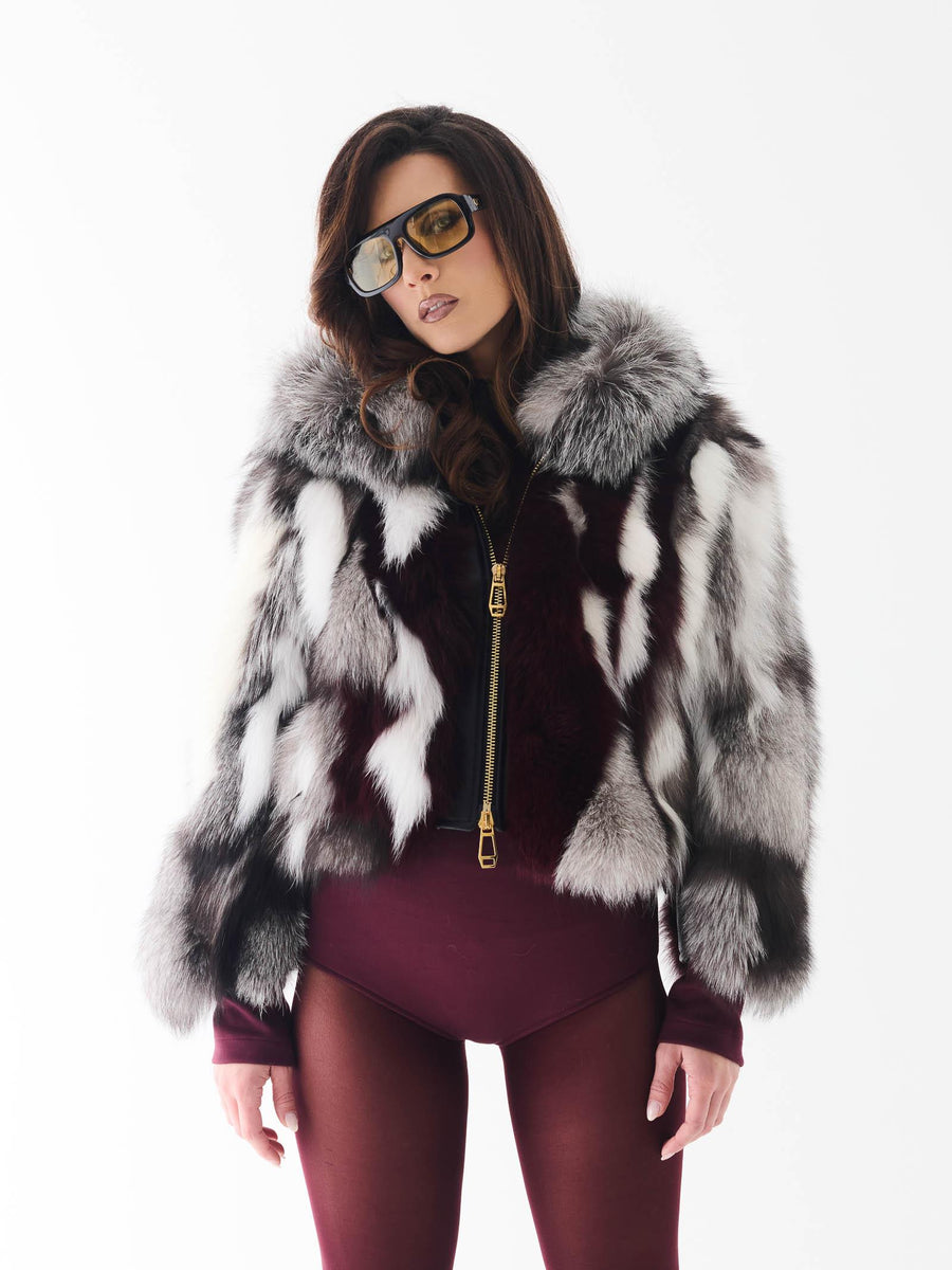 Pelliccia volpe Yes London grigia e bordeaux con inserti in pelle neri LC2012 GRIGIO Yes london 