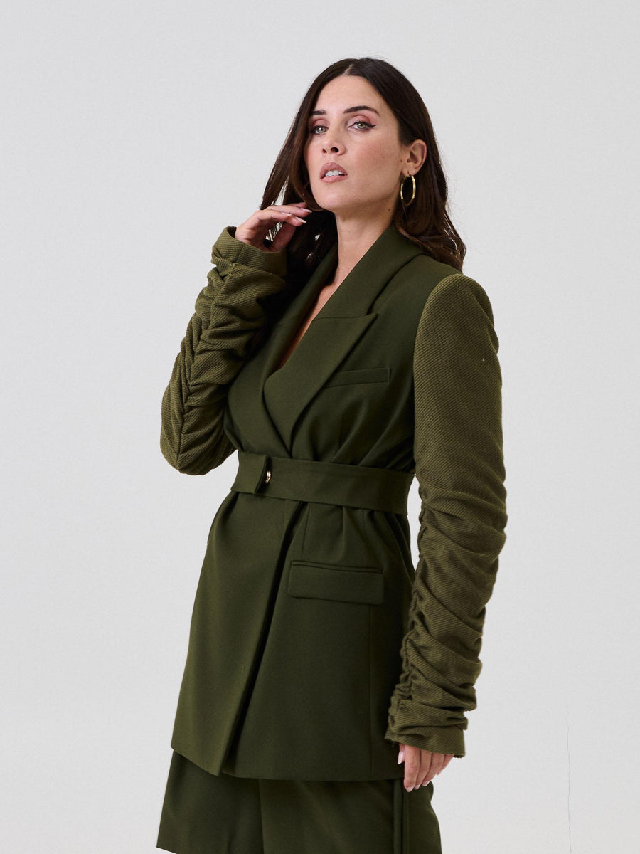 Blazer Bohemian Vì verde militare con maniche in maglia con arricciature SDBO5016 MILITARY Bohemian V 