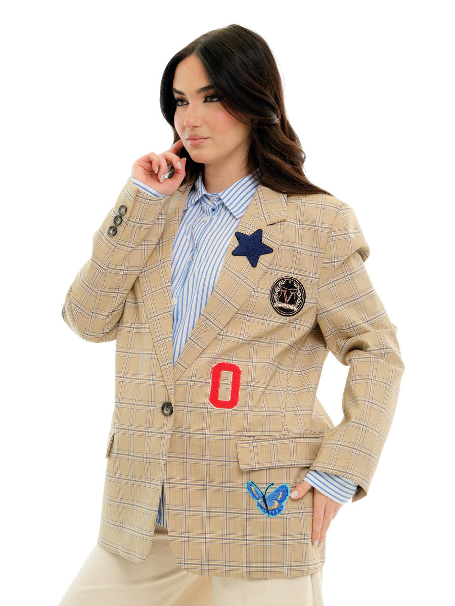 Blazer Vicolo beige principe di galles con patch ricamati RD0671 BEI Vicolo 