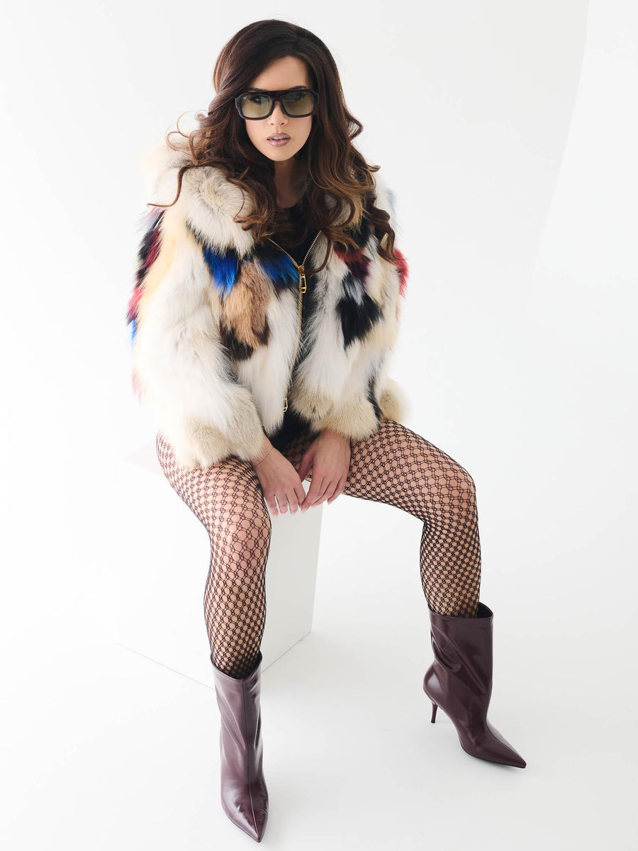 Pelliccia volpe Yes London beige e nera con inserti in pelle LC2012 BEI/NE Yes london 