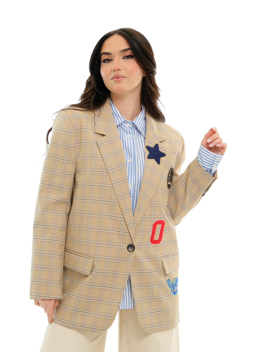 Blazer Vicolo beige principe di galles con patch ricamati RD0671 BEI Vicolo 
