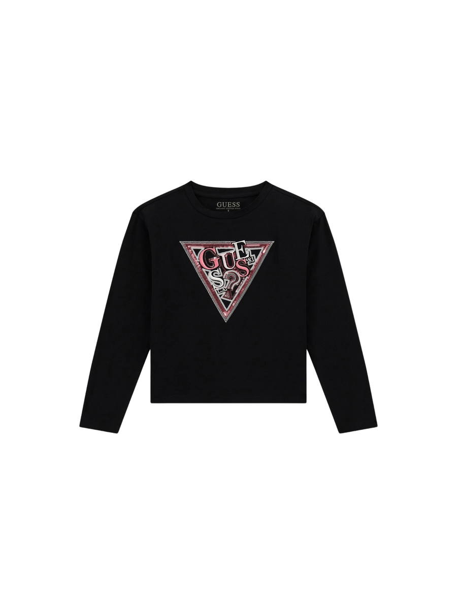 T-Shirt a maniche lunghe Guess nera con logo triangolo glitter rosa J5YI15K6YW4 JBLK Guess 